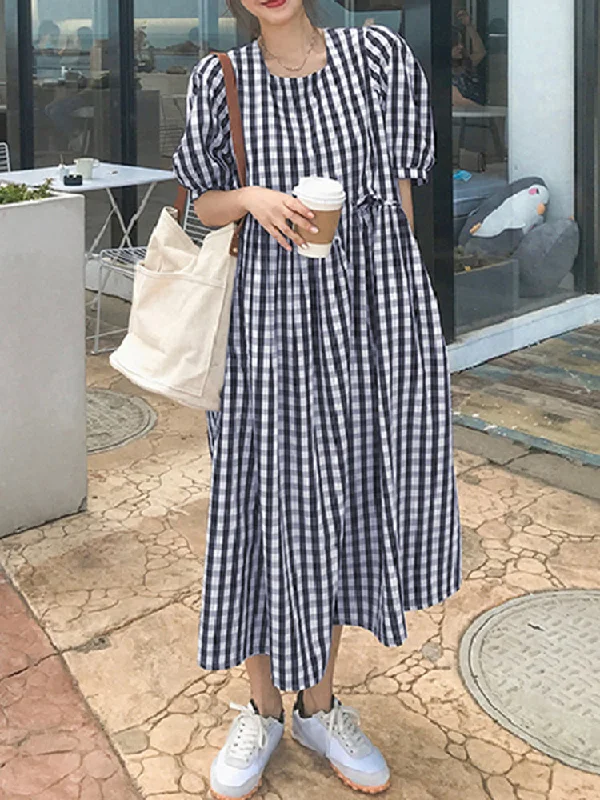 Plaid Print Puff Sleeve Irregular Spliced Shirt Casual Maxi Dress For Women Comfortable Satin Maxi Dress