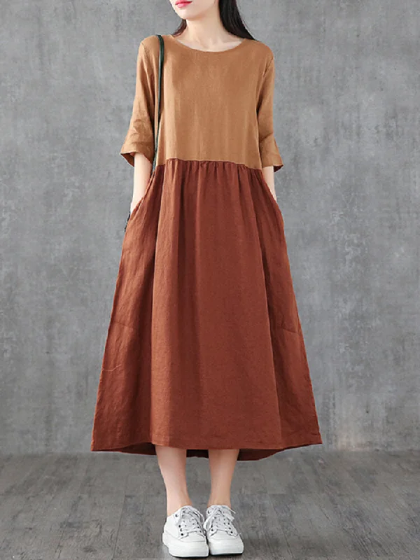 Casual Color Block Round Neck Stitching Maxi Dress With Pocket Comfortable T-Shirt Maxi Dress