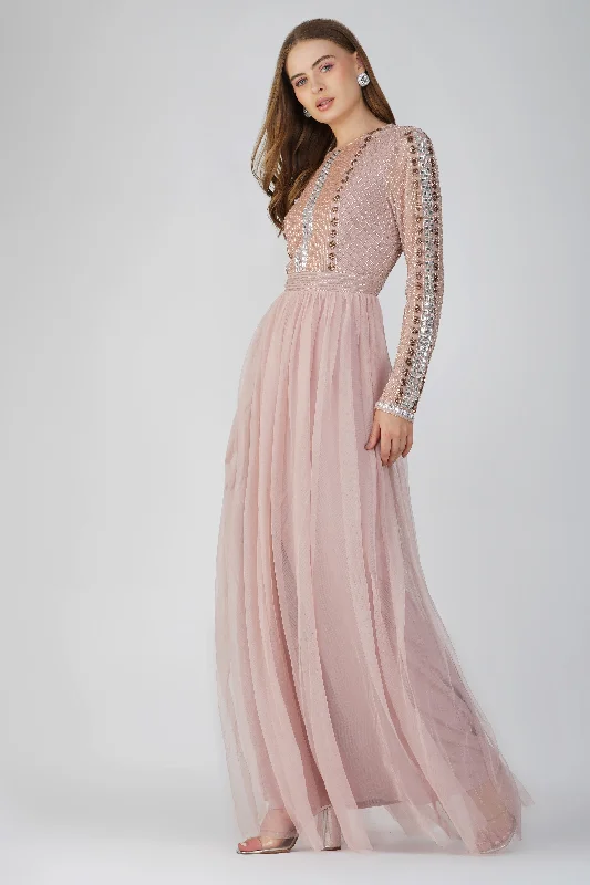 Melinda Long Sleeve Embellished Maxi Dress in Blush Pink Comfortable Maxi Dress with Sleeves