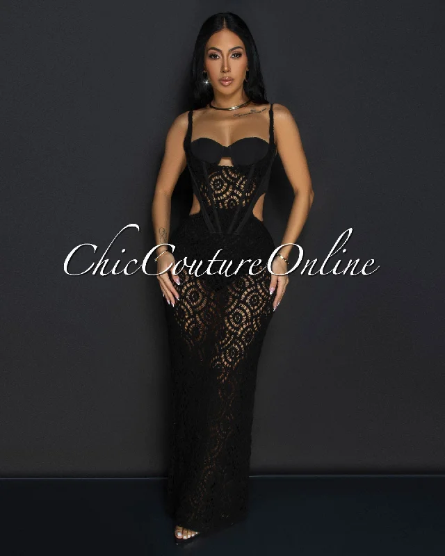 Melora Black Bustier Cut-Out Crochet Maxi Dress Elegant Maxi Dress with Lace