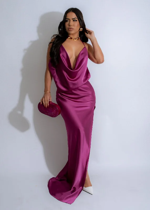 Moonlit Satin Slip Maxi Dress Purple Stylish Maxi Dress with Pleats