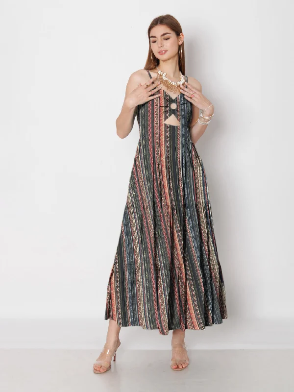 Multi-Colored Geometric Printed Fit & Flare Maxi Dress Elegant Wraparound Maxi Dress