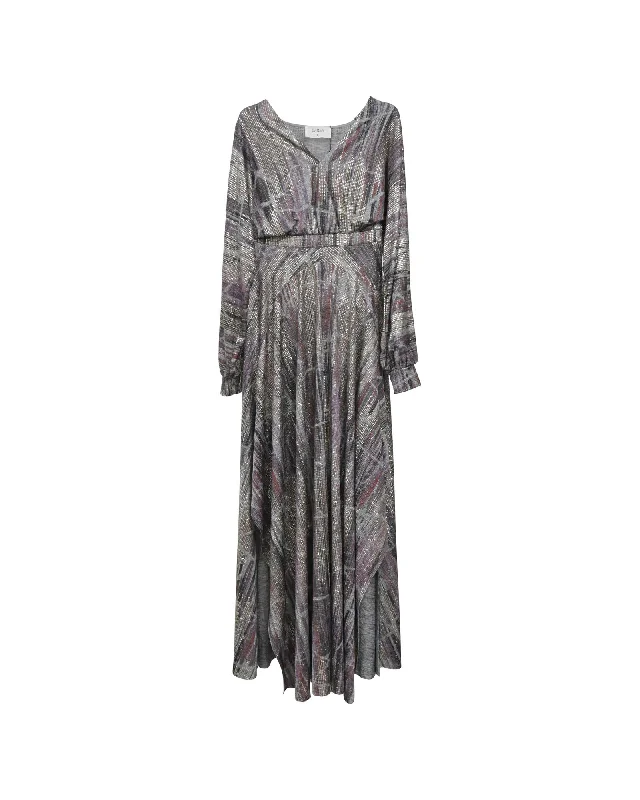 Metallic Maxi Dress with Abstract Print and Side Slit Stylish Long Sleeve Maxi Dress