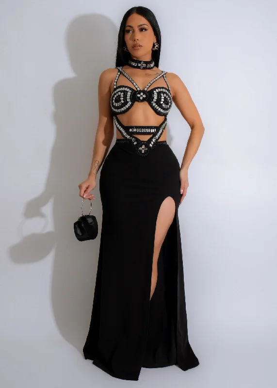 Noir Glamour Rhinestones Maxi Dress Black Fashionable Off-Shoulder Maxi Dress