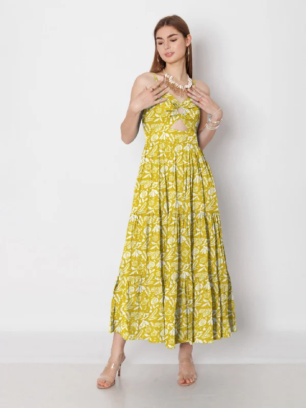 Ochre Yellow Floral Printed Fit & Flare Maxi Dress Cozy Spaghetti Strap Maxi Dress