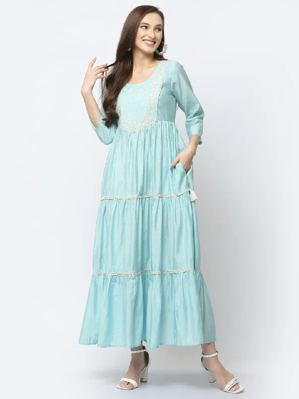 Pale Blue Lily Maxi Dress with All Over Embroidery Trendy Maxi Dress with Straps