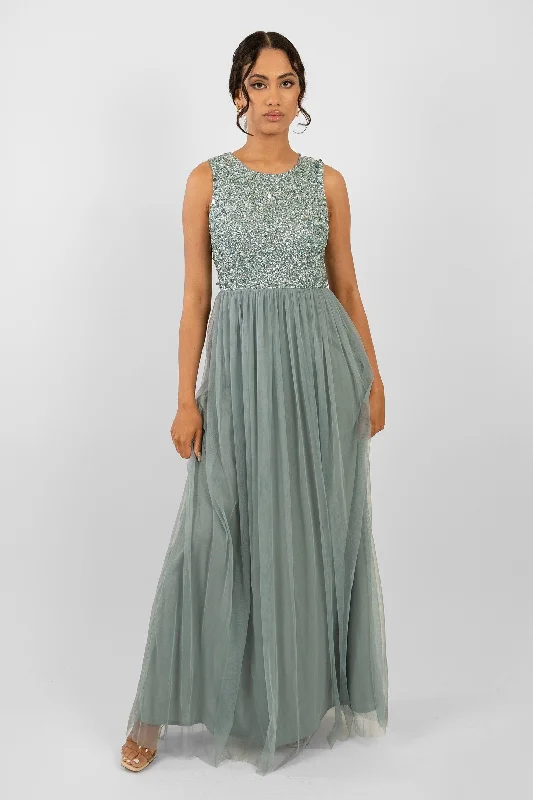 Picasso Teal Embellished Bridesmaid Maxi Dress Stylish Long Sleeve Maxi Dress