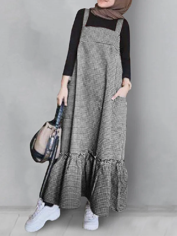 Plaid Patchwork Zip Back Casual Sleeveless Strappy Pocket Women Maxi Dress Fashionable Printed Maxi Dress