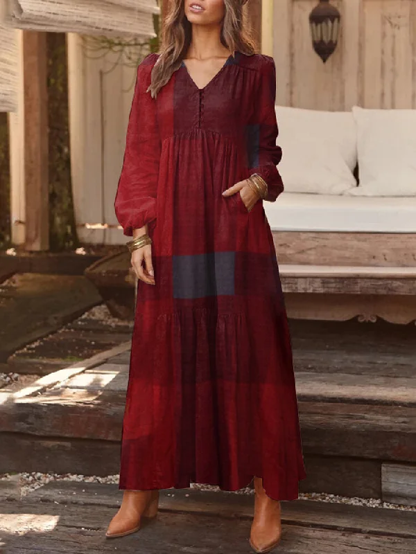 Plaid Print V-neck Button Long Sleeve Vintage Pocket Women Maxi Dress Cozy Ruffle Sleeve Maxi Dress