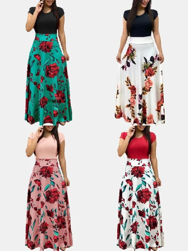 Print Patchwork O-neck Short Sleeve Women Maxi Dress Cozy Ribbed Maxi Dress