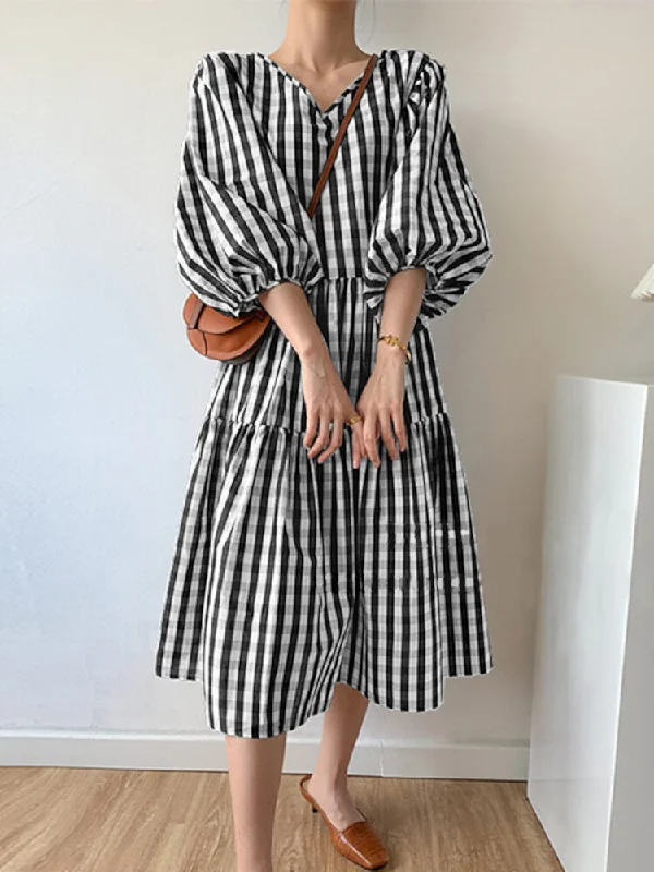 Puff Sleeve Grid Print Stitching V-neck Pleats Casual Women Maxi Dress Comfortable Fitted Maxi Dress