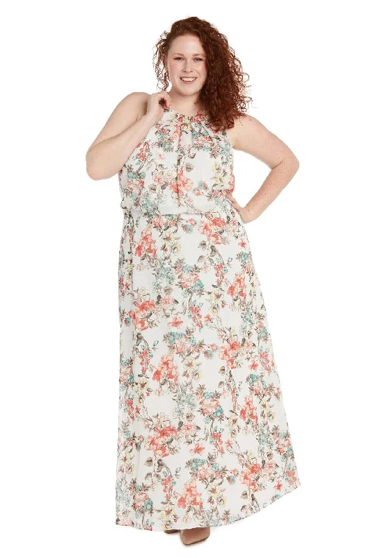 R&M Richards 1121W Long Plus Size Halter Floral Maxi Dress Trendy V-Neck Maxi Dress