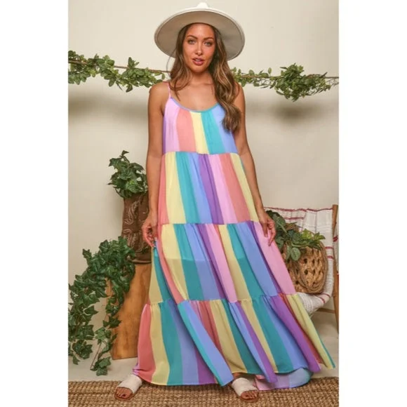 Rainbow Colorful Multi Color Bright Striped Tiered Tie Shoulder Maxi Dress Elegant Pleated Maxi Dress