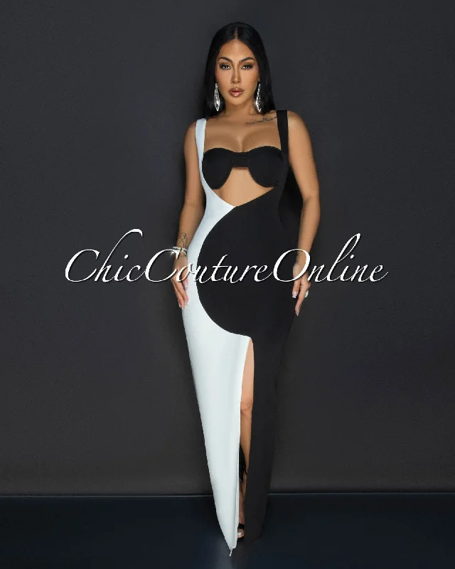 Rosina Black White Sleeveless Cut Out Maxi Dress Stylish Pleated A-Line Maxi Dress