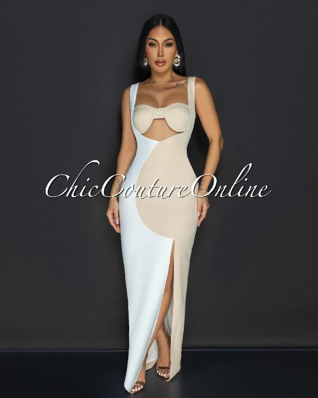 Rosina Nude White Sleeveless Cut Out Maxi Dress Cozy Maxi Dress with Slit