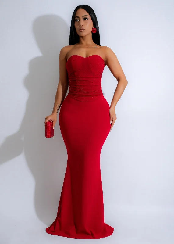 Scarlet Cascade Mesh Rhinestones Maxi Dress Red Trendy A-Line Maxi Dress