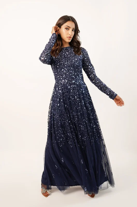 Sila Long Sleeve Embellished Maxi Dress in Dark Blue Classic Strapless Maxi Dress