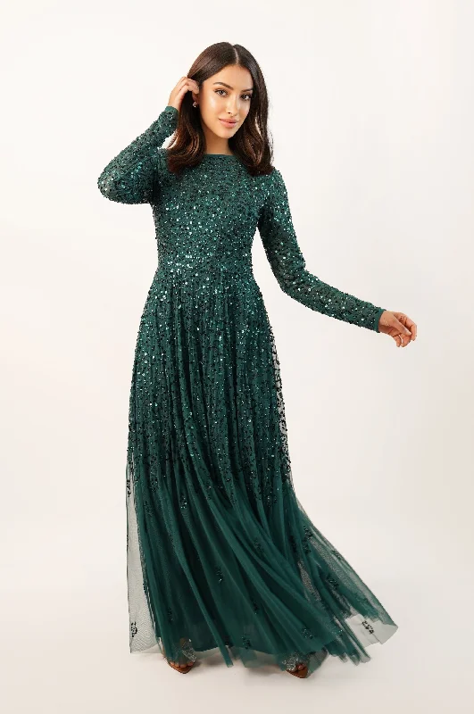 Sila Long Sleeve Embellished Maxi Dress in Emerald Green Fashionable Halter Neck Maxi Dress