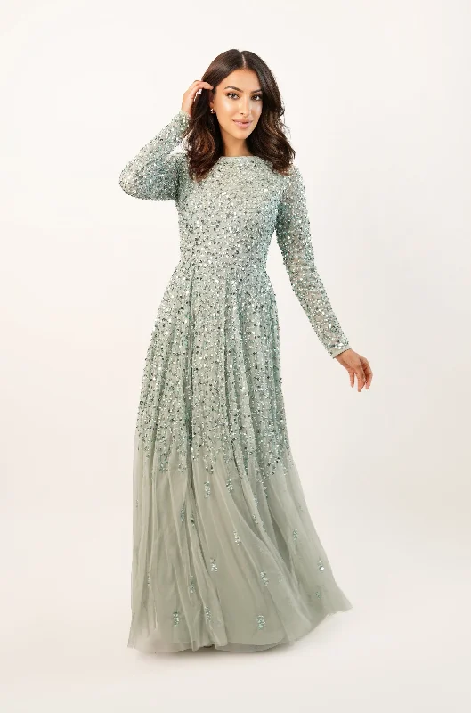 Sila Long Sleeve Embellished Maxi Dress in Sage Green Comfortable Flowy Maxi Dress