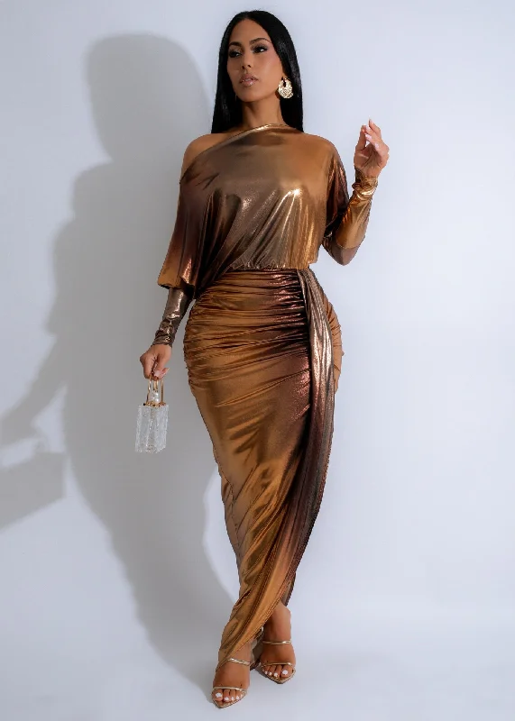 Solaris Drape Ruched Metallic Maxi Dress Gold Trendy Maxi Dress with Belt