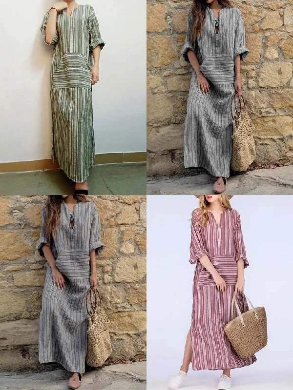 Striped V Neck Long Sleeve Casual Loose Women Maxi Dress Cozy Maxi Dress with Slit