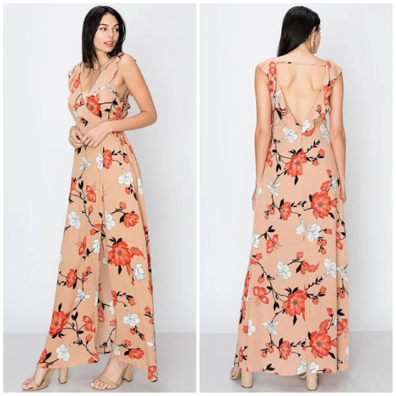 Taupe Deep V Faux Wrap Floral Cherry Blossom Open Back Maxi Dress Elegant Lace-Up Maxi Dress