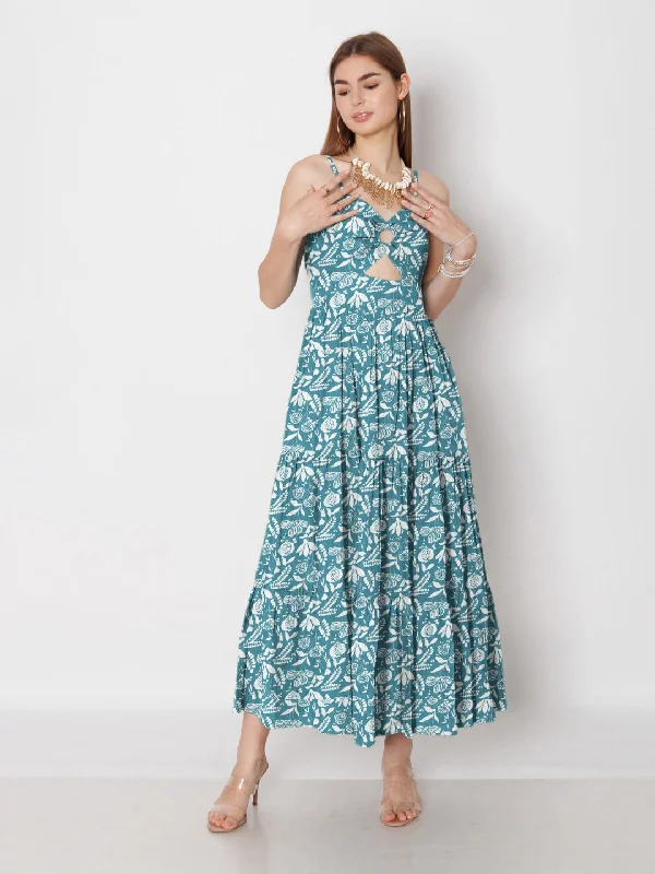 Teal Floral Printed Fit & Flare Maxi Dress Trendy Short Sleeve Maxi Dress