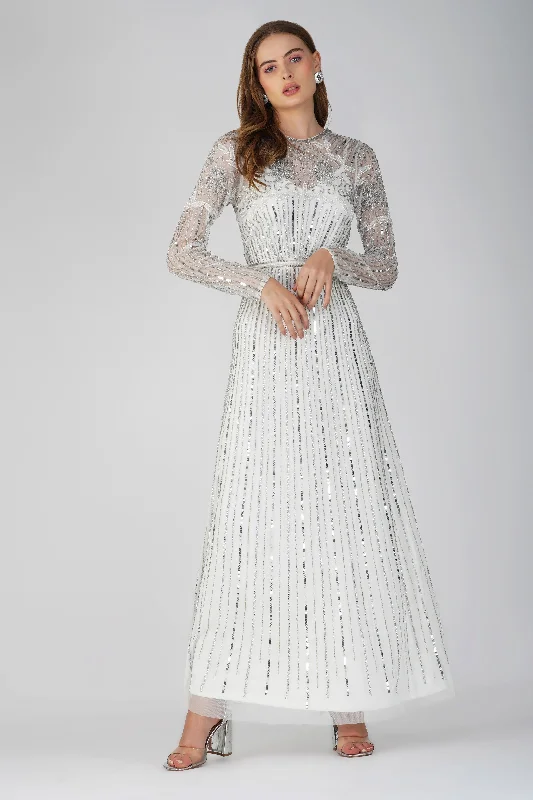 Teresa Embellished Maxi Dress in Silver Stylish Maxi Dress with Frills