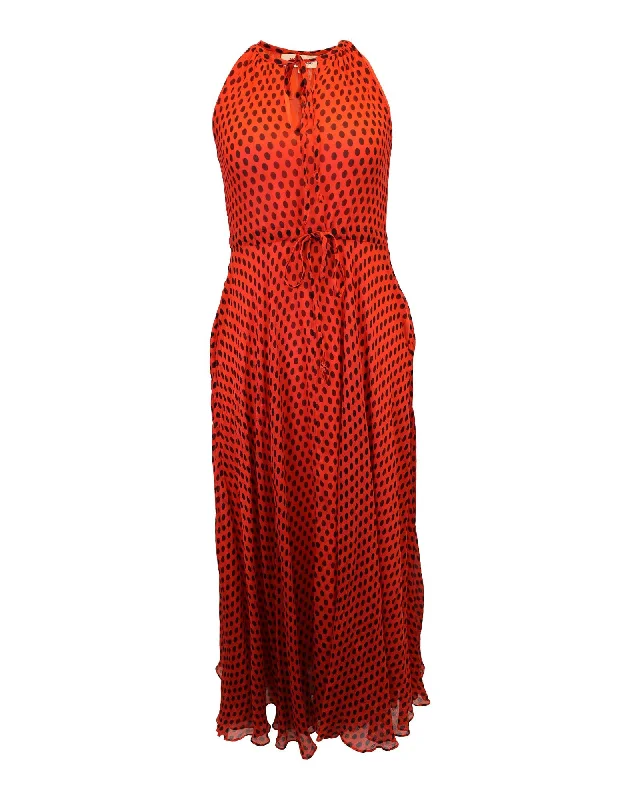 Crinkled Silk Polka-Dot Maxi Dress with Halterneck and Waist Tie Detail Elegant Sleeveless Maxi Dress