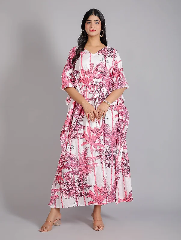 Tropical Print on Pink Cotton Kaftan Maxi Dress Comfortable Plunging Neckline Maxi Dress