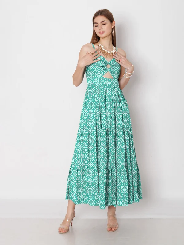 Turquoise Geometric Printed Fit & Flare Maxi Dress Comfortable Long-Sleeve Maxi Dress