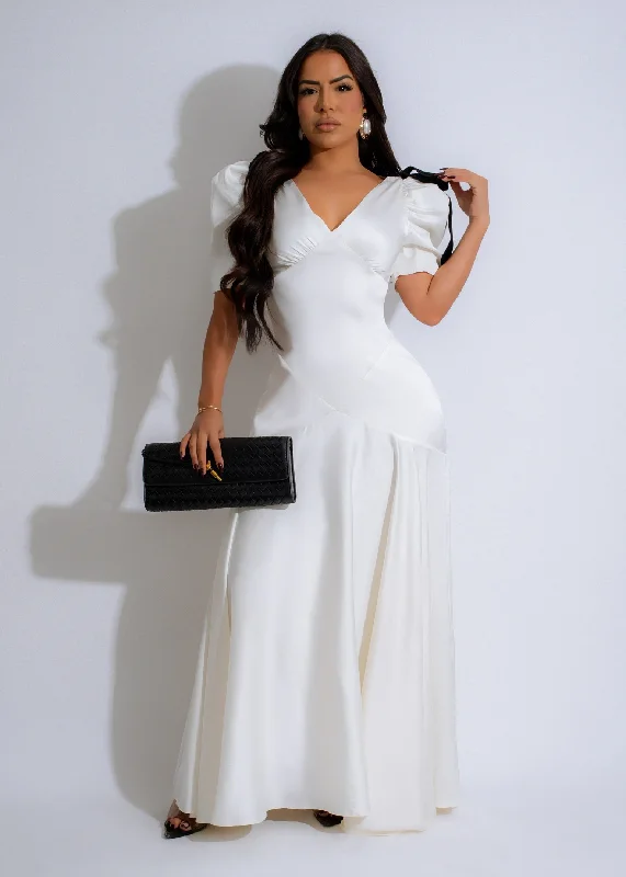 Ribbon Elegance Satin Maxi Dress White Stylish A-Line Maxi Dress