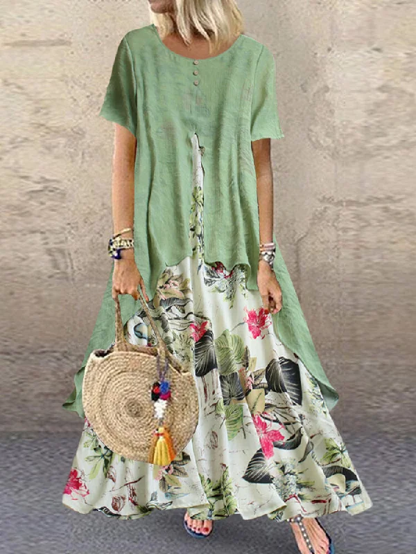 Vintage Short Sleeve O-neck Print Patchwork Pocket Long Women Maxi Dress Elegant Lace-Up Maxi Dress