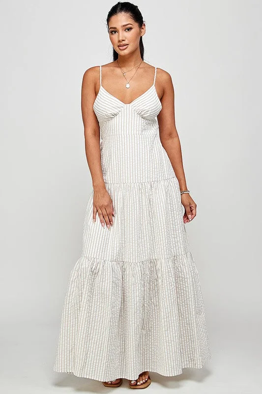 White & Beige Stripe Cross Backless Strap Ruffle Maxi Dress Comfortable Fit-and-Flare Maxi Dress