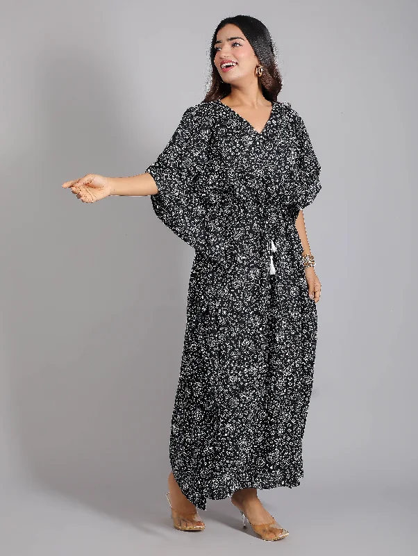 White & Black Abstract Print Cotton Kaftan Maxi Dress Casual Maxi Dress with Pockets