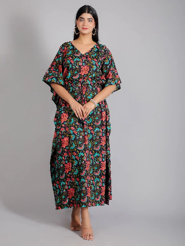 Black & Red Floral Print Cotton Kaftan Maxi Dress Fashionable Open-Back Maxi Dress