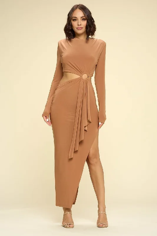 Camel Cut Out Draped Accent Bodycon Maxi Dress Elegant Tiered Maxi Dress