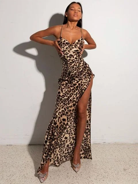 Women Chain Strap Side Slit Leopard Print Maxi Dress Fashionable Chiffon Tiered Maxi Dress