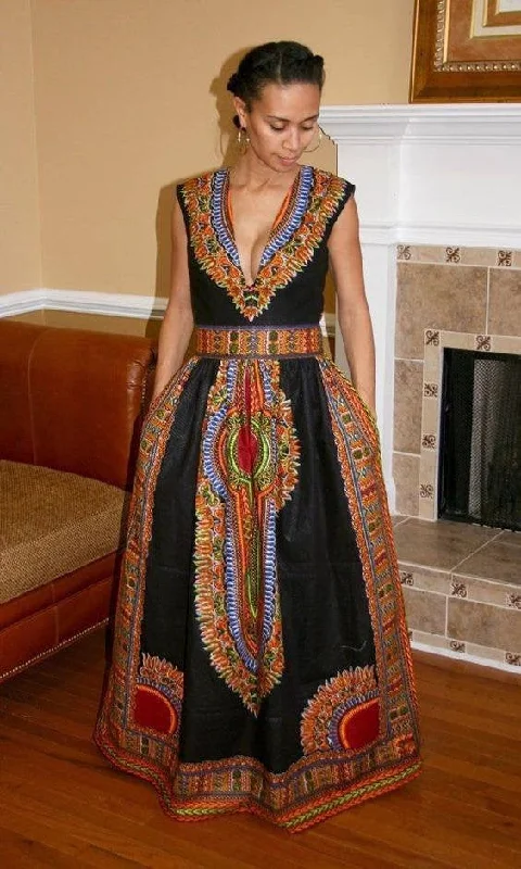 Women's African Clothing| Dashiki Maxi Gown| Africa Print Wedding Gown| Prom Gown| Wedding Guest Clothing| Maxi Dress| Black Stars Handmade Trendy A-Line Maxi Dress