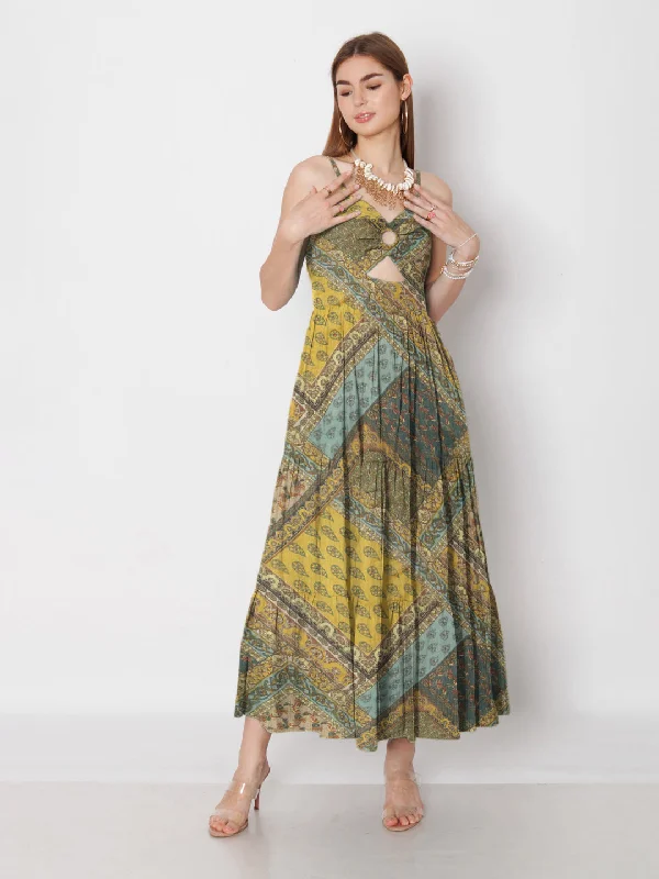 Yellow & Blue Bohemian Printed Fit & Flare Maxi Dress Classic Black Maxi Dress