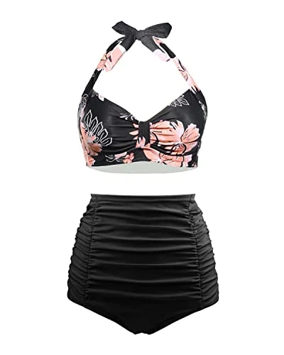 2 Piece Halter Swimsuit Women's Vintage High Waisted Bikini Set with Ruched Floral Print Swimsuit