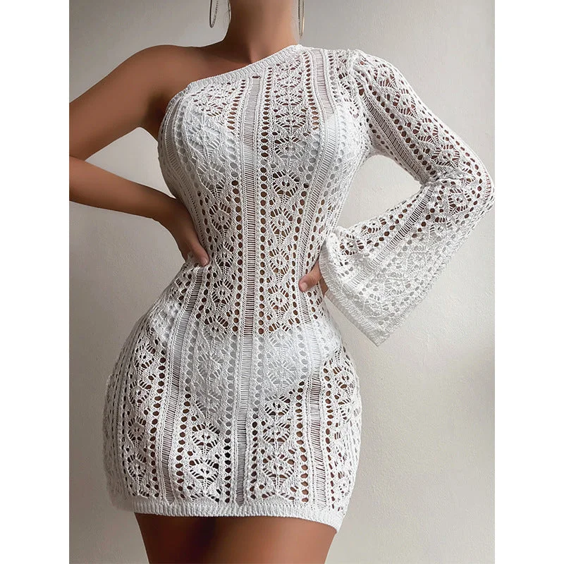 2023 Crochet Beach Cover Up Women Long Sleeve Dress Hollow Out Swimwear Outfits One Shoulder Off Beachwear Bathing Suit Women Button-Front Swimsuit