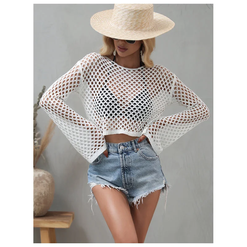 2023 Summer Holiday Beach Swim Cover Up Round Neck Hollow Out Beach Crochet Bathing Suits For Women Knit Swimsuit Coverup Sporty Swimwear Bottoms