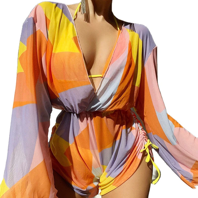 Custom Brazilian Bikini 4 Piece Swimsuit Print  Swimwear Long Sleeve Bathing Suits with Mesh Drawstring Cover Up Beach Wear Chic Bikini Set