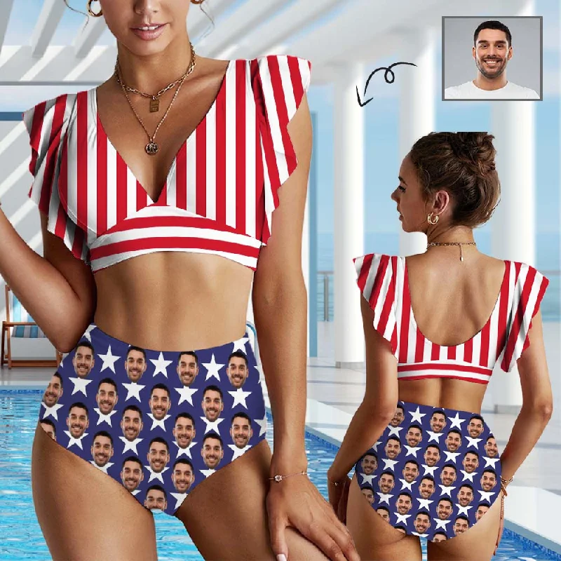 Custom Face American Flag Women Ruffle High Waisted Flounce Bikini Set Two Pieces Swimsuit Beachwear Playful Pattern Swimsuit