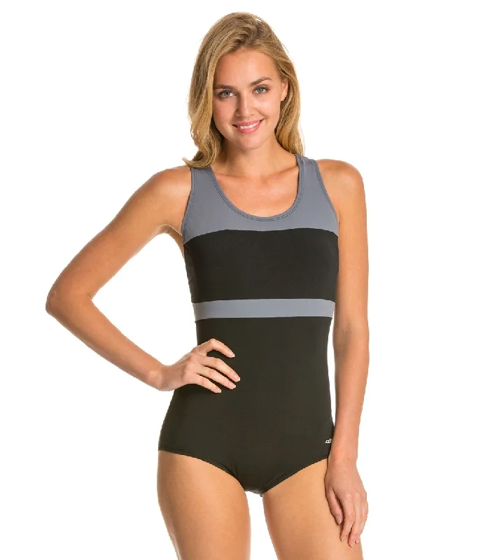 Dolfin Conservative Color Block Lap Suit Swimsuit Black/Grey High-Waisted Swim Bottoms