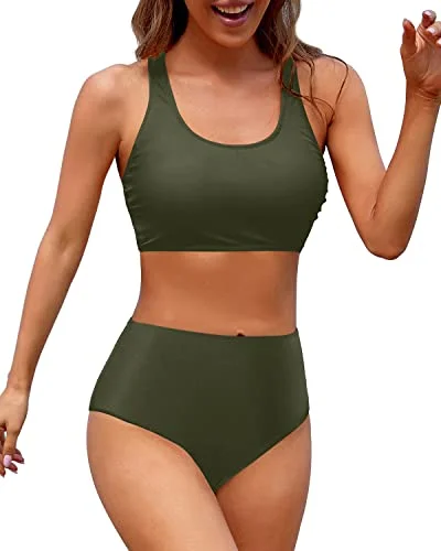 Flattering Women's High Waisted Two Piece Bikini Sports Swimsuit-Army Green Monokini Swimsuit Design