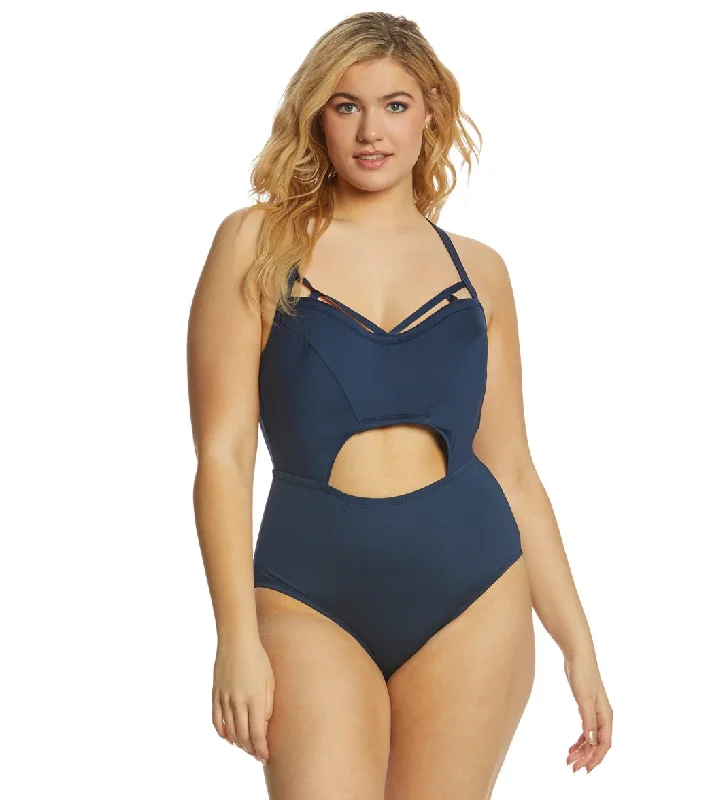 Jessica Simpson Plus Size Solid Bandeau One Piece Swimsuit Navy High-Waisted Swim Bottoms