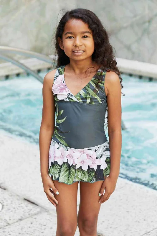 Clear Waters Girls Swim Dress in Aloha Forest Vibrant Bikini Design