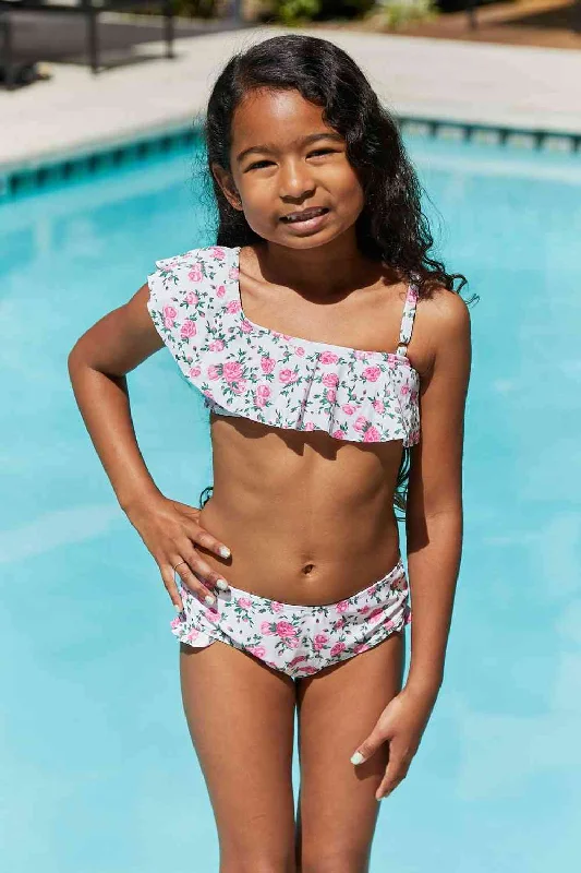 Float On Ruffle Two-Piece Girls Swim Set in Roses Off-White Classic Swimsuit Design